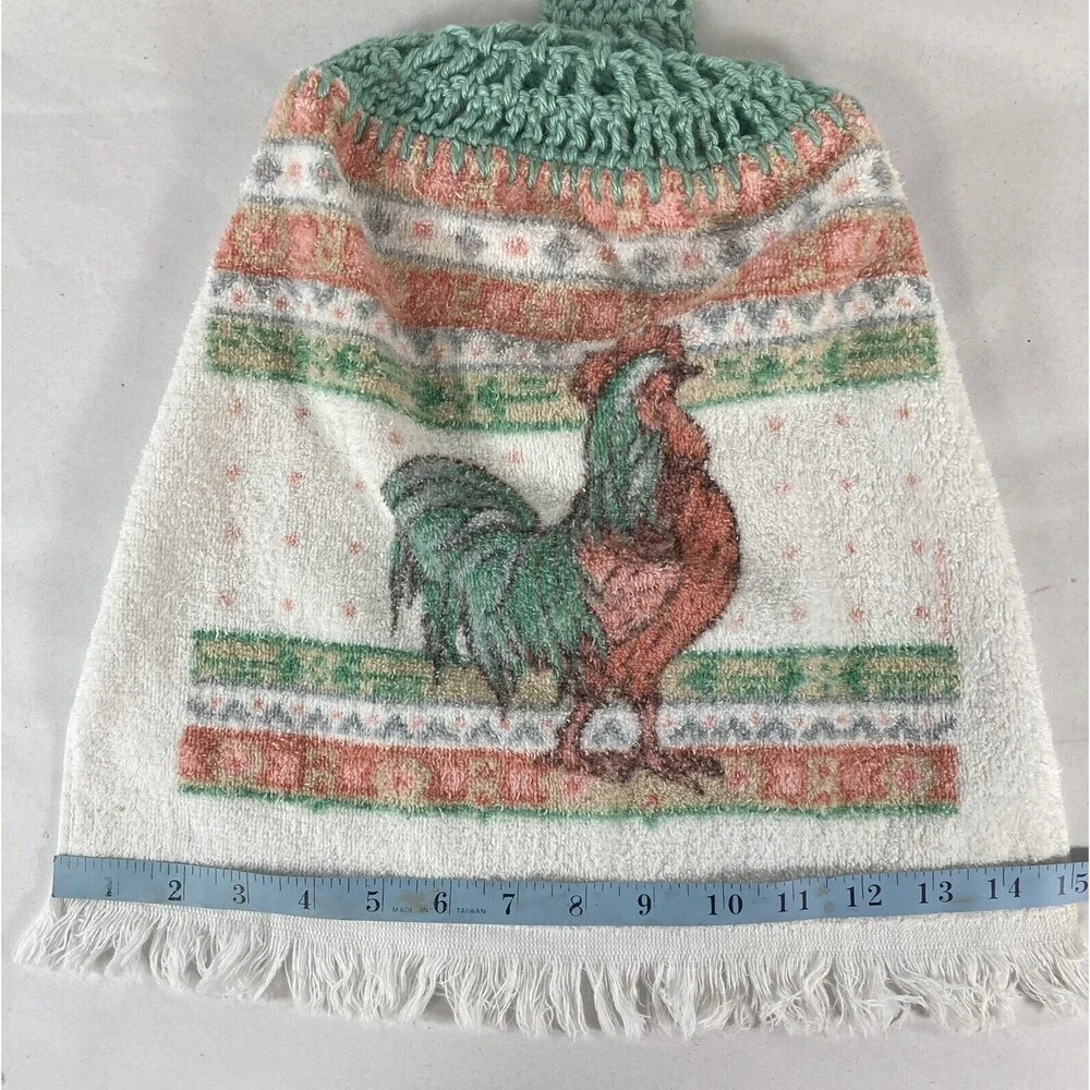 Vintage Kitchen Towel Rooster Crochet Handle Grannycore Cottagecore